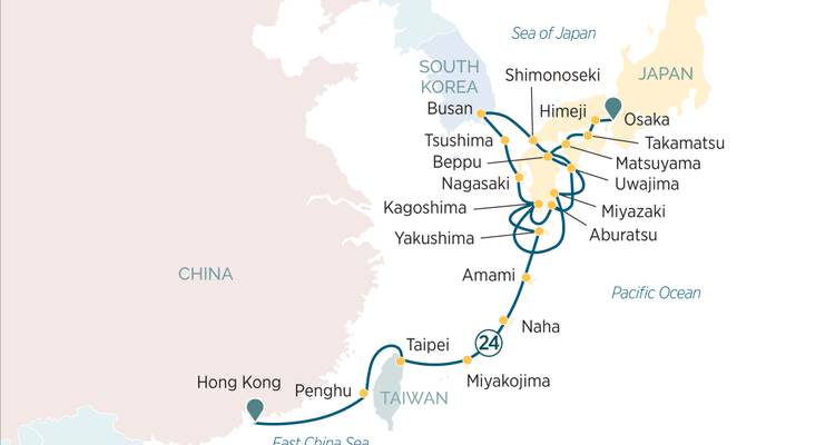 Comprehensive 24-day Japan and Taiwan cruise route map including Hong Kong.