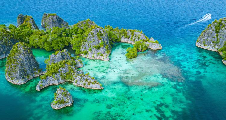 Limestone karst islets cloaked in greenery rise from luminous turquoise lagoons while a speedboat leaves a white wake.
