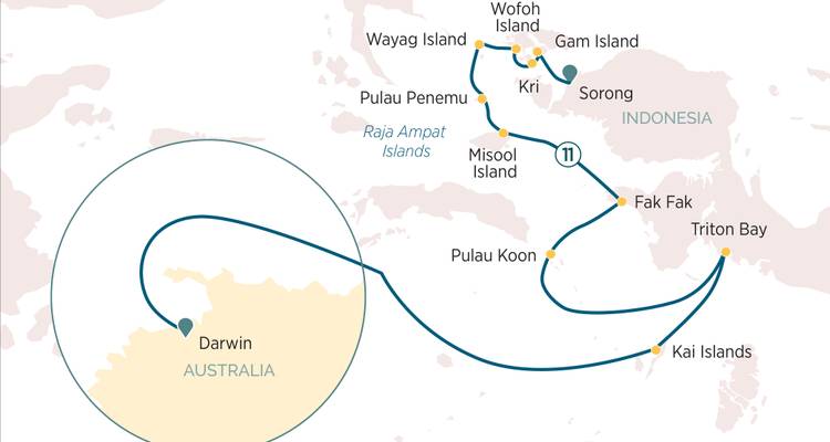 Sailing map from Darwin through the Raja Ampat Islands showing stops like Misool and Triton Bay.