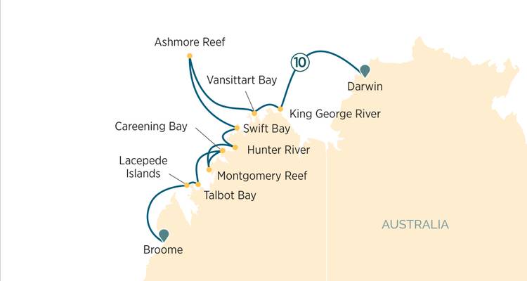 Kimberley coast map showing routes from Broome to Darwin via Montgomery Reef and King George River.