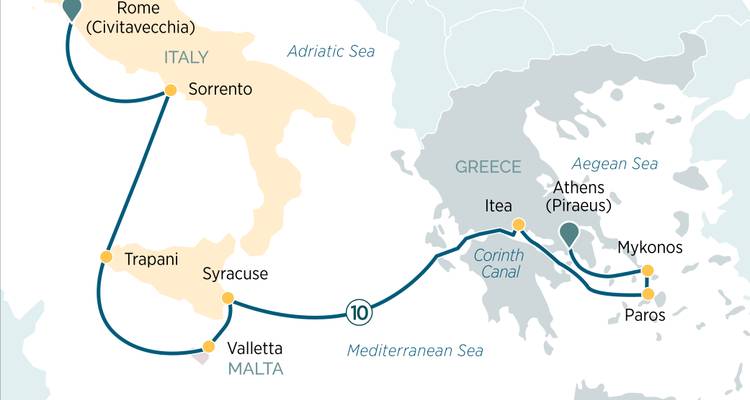 Carte de croisière de Rome à travers la Grèce et la Sicile jusqu'à Malte avec passage du Canal de Corinthe indiqué.