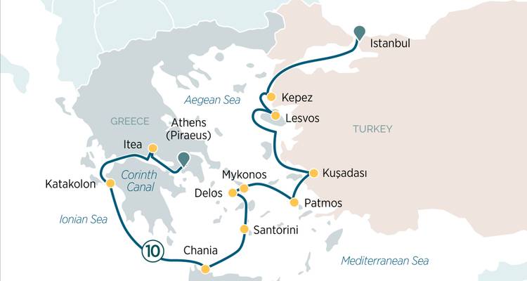 Map showing cruise itinerary around Greece and Turkey with major island and city stops.