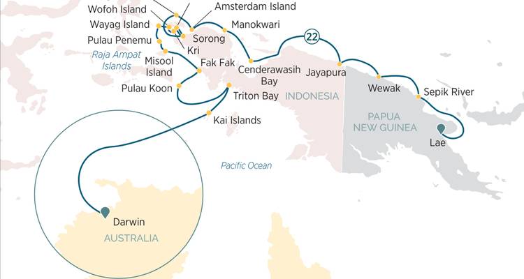 PNG and Indonesian cruise route map linking Sorong, Fak Fak and Darwin.