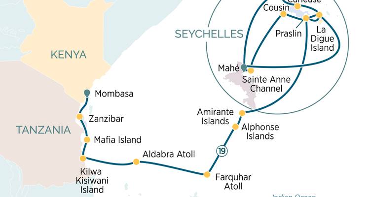 Mapa de crucero desde Tanzania a Seychelles incluyendo Zanzíbar, Aldabra y Praslin.