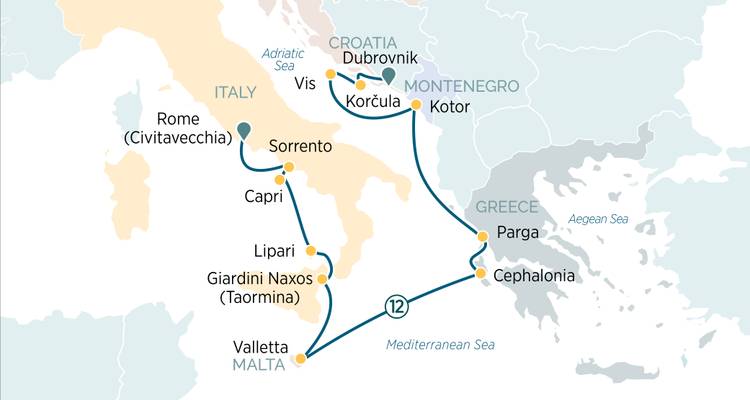 Mapa de crucero de 12 días por el Adriatico e Ionio que conecta Croacia, Montenegro, Grecia, Malta e Italia.