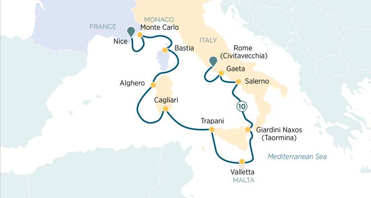 Carte du circuit méditerranéen reliant Monaco, Nice, la Sardaigne, la Sicile et Rome.