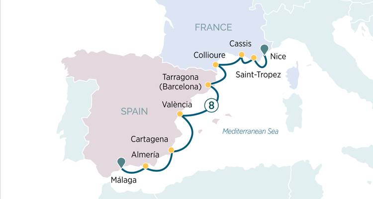 Mapa que muestra una ruta de crucero de ocho días por la costa mediterránea de España y Francia.