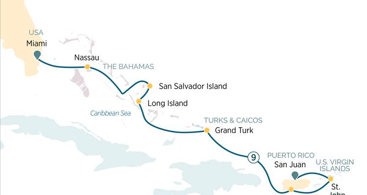 Carte montrant une croisière de neuf jours au départ de Miami vers San Juan en passant par Nassau et Grand Turk avec des points indiquant les îles.