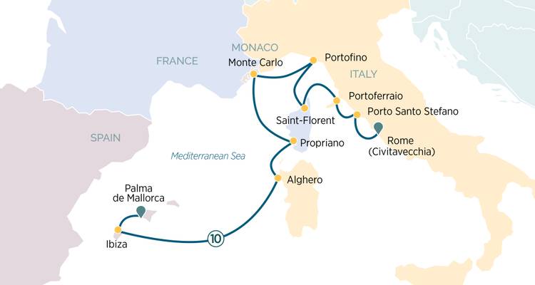Carte d'itinéraire de croisière autour de l'Italie, de la France, de Monaco et de l'Espagne en Méditerranée occidentale