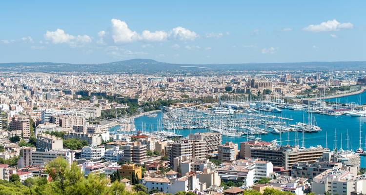 Panorama del paisaje urbano de Palma de Mallorca y la marina llena de yates en un día soleado.
