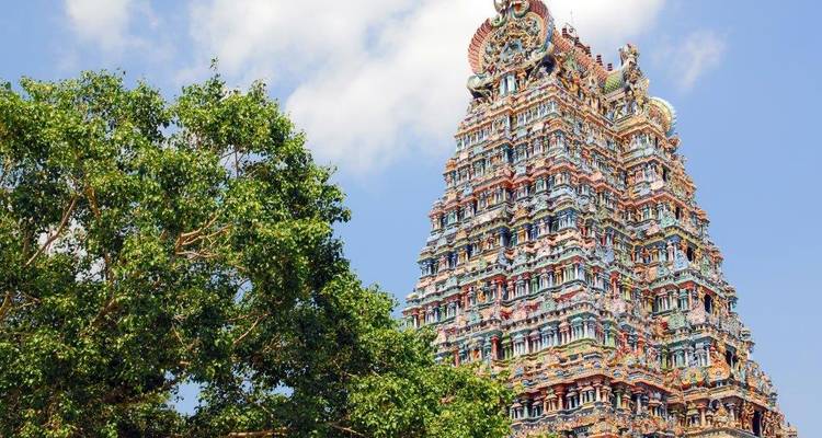 A vibrantly painted gopuram of Meenakshi Temple soars above green foliage against a blue sky.