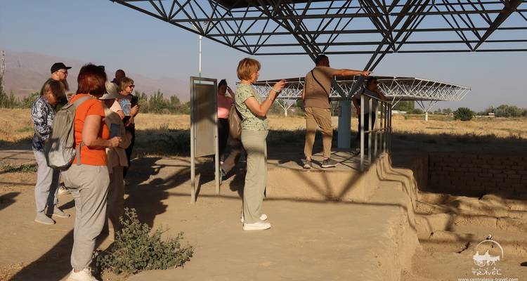 Tour group listens to guide at an archaeological dig site beneath a metal shelter.
