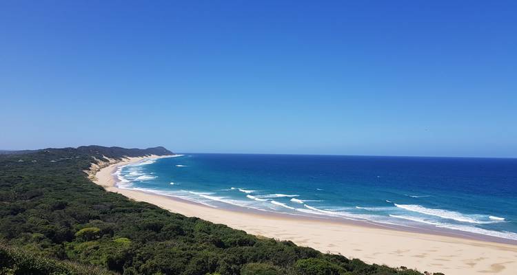 Unberührter weißer Sandstrand und türkisfarbenes Indischen Ozean, umgeben von grünem Küstenwald.