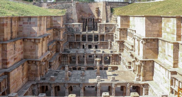 Impressive stepwell with multi-storey carved sandstone architecture descending underground