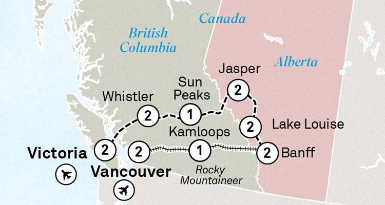 Carte d'itinéraire illustrée du Canada occidental mettant en évidence les arrêts et le parcours de voyage