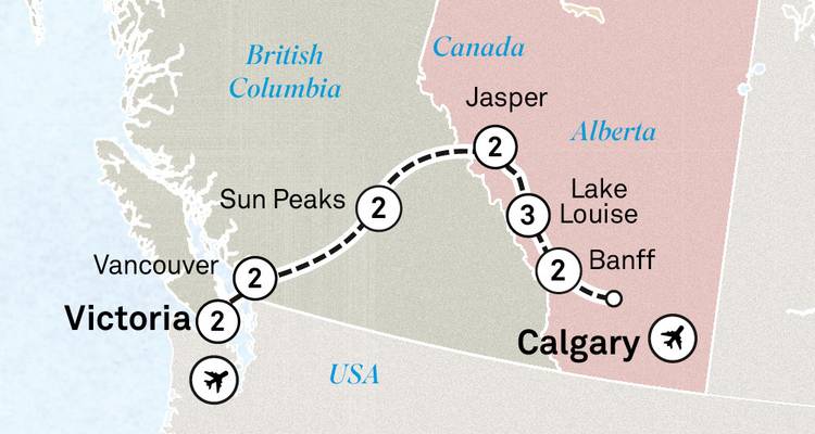 Mapa que muestra un itinerario por las Montañas Rocosas Canadienses desde Vancouver hasta Calgary pasando por Jasper y Banff.