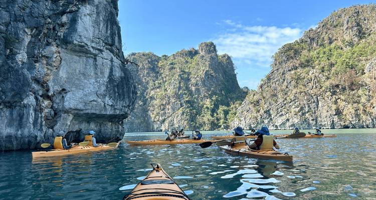 Seekajaker paddeln zwischen aufragenden Kalksteinkarsthügeln und smaragdgrünen Gewässern der Halong-Bucht
