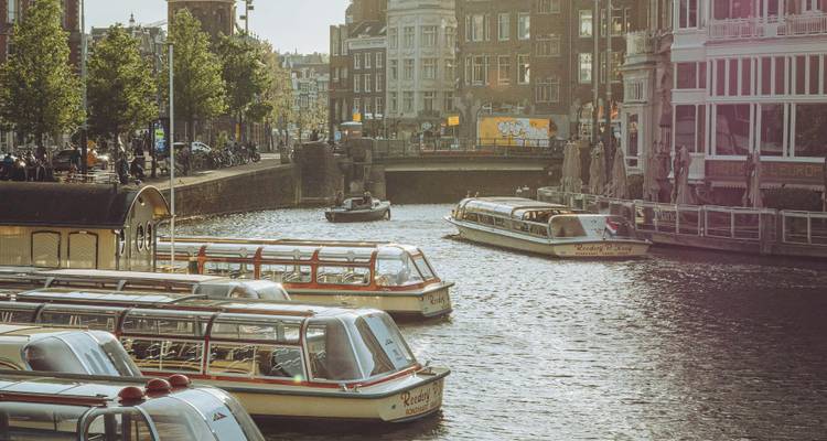 Flotte de bateaux à toit en verre amarrés le long d'une voie navigable d'Amsterdam à la lumière de l'après-midi.
