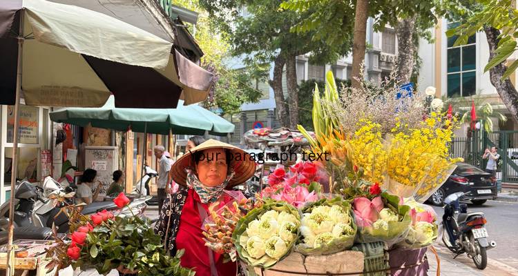 Vietnamese street flower vendor pushing a bicycle laden with roses and lotus blooms (text overlay present).