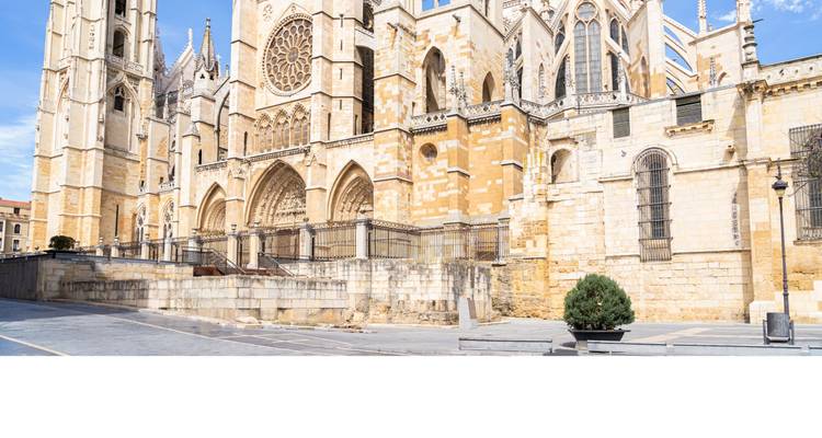 Side façade of León Cathedral with large white blank space at the bottom of the image.