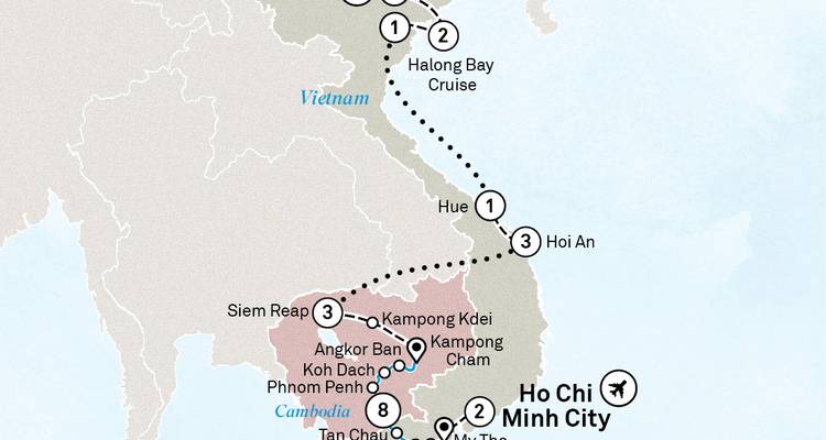 Carte de voyage affichant un itinéraire multi-pays à travers le Vietnam et le Cambodge avec des symboles de séjours en ville et de croisière.