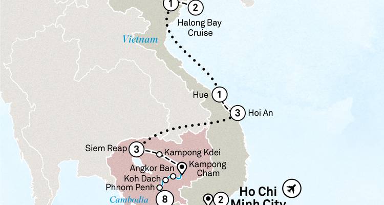 Vietnam coastal route map highlighting Hue, Hoi An and Halong Bay cruise.