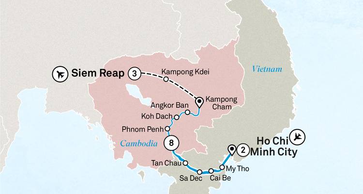 Route map between Siem Reap and Ho Chi Minh City highlighting Cambodian stops.