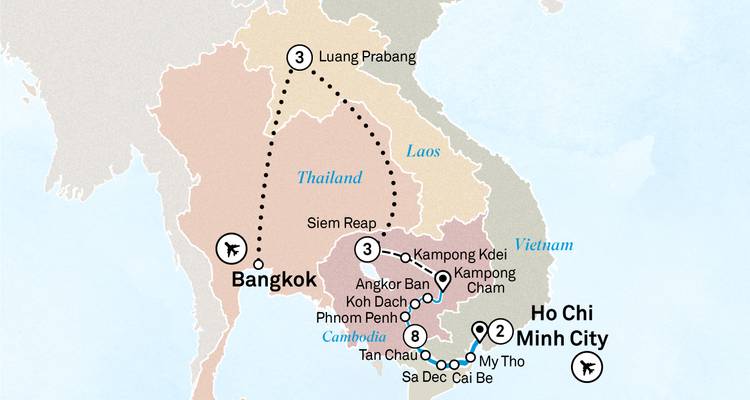 Erweiterte Südostasien-Reiseroute mit Verbindung zwischen Bangkok, Luang Prabang und Vietnam.
