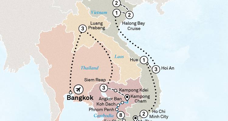 Carte régionale de voyage reliant Bangkok, Luang Prabang, Siem Reap et les villes côtières du Vietnam avec des itinéraires en pointillés.