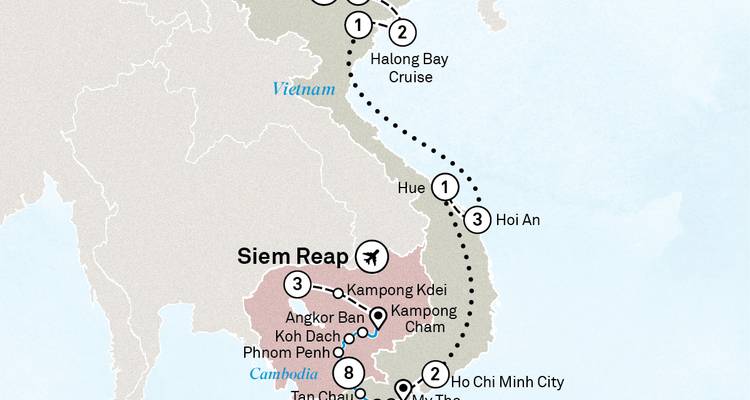 Vietnam and Cambodia cruise map from Halong Bay to Ho Chi Minh City and Siem Reap