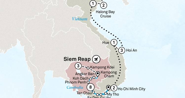 Map depicting north-south Vietnam journey combined with Cambodian river cruise.