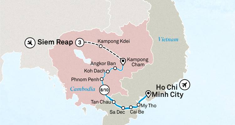 Simplified map showing three-day Siem Reap to Ho Chi Minh City river route.
