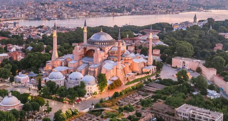 Aerial view of Hagia Sophia and surrounding Istanbul skyline beside the Bosphorus
