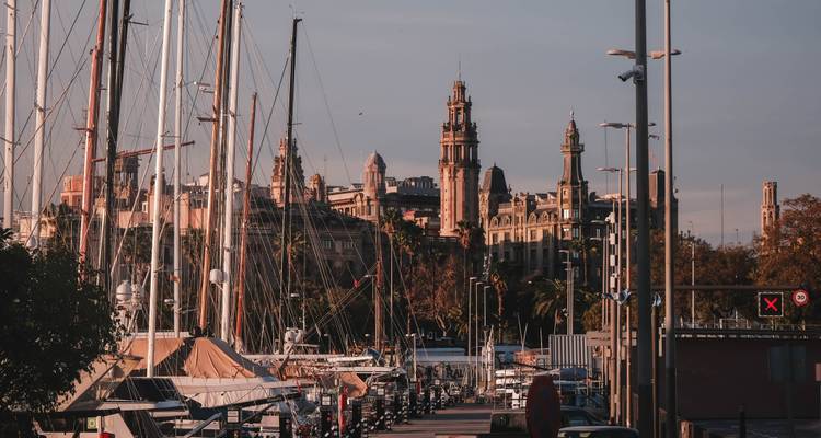 Escena de marina con mástiles altos y edificios históricos ornamentados brillando a la luz del final de la tarde.