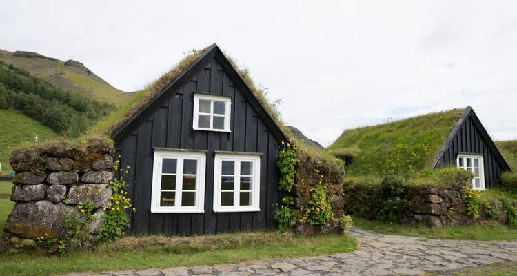 Traditionelle schwarze Holzbauten mit Grassodendächern vor einem grünen Berghang.