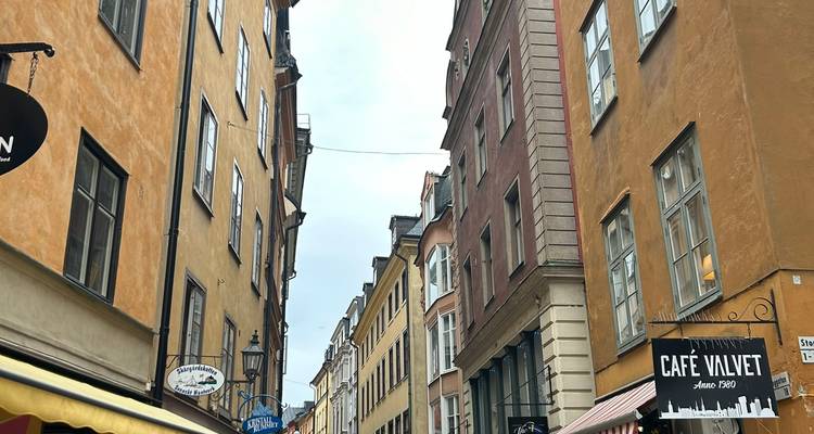 Calle peatonal del casco antiguo rodeada de edificios con tonos cálidos, cafés y carteles de tiendas colgantes.