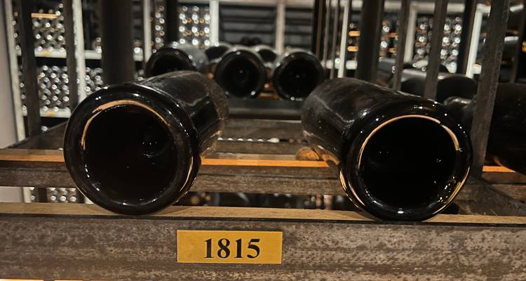 Close-up of aged wine bottles stored horizontally in a dimly lit cellar rack labelled 1815.