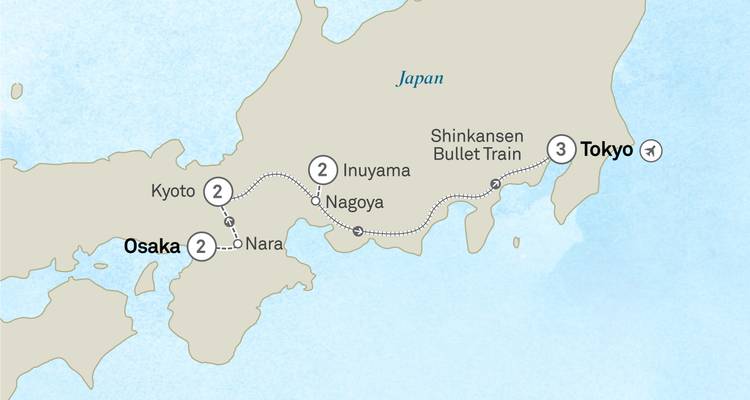 Illustrated tour map of Japan highlighting Tokyo, Kyoto, Nagoya and Osaka with bullet-train route