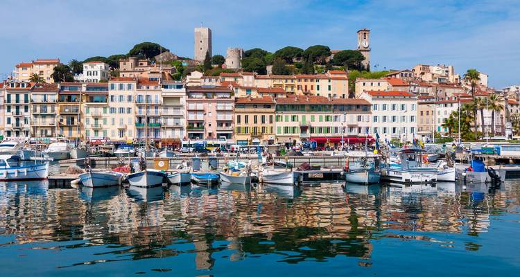 Les bateaux de pêche colorés se reflétant dans les eaux calmes du Vieux Port de Cannes avec la vieille ville sur les hauteurs au-dessus.