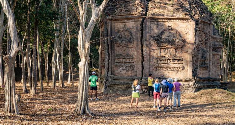 Un petit groupe de touristes observe une ruine de temple en brique ancienne entourée de grands arbres secs et arides.