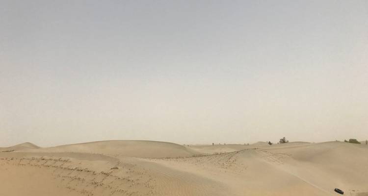 Vast sandy dunes of a desert under a pale hazy sky stretching to the horizon.