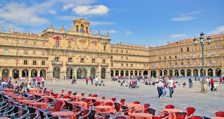 Place Mayor animée remplie de visiteurs, de tables de café et de majestueuses arcades en grès doré sous un ciel bleu dégagé.