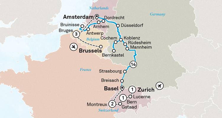Mapa del crucero que cubre Ámsterdam, Bruselas, Basilea y Zúrich con bucles de excursiones punteados