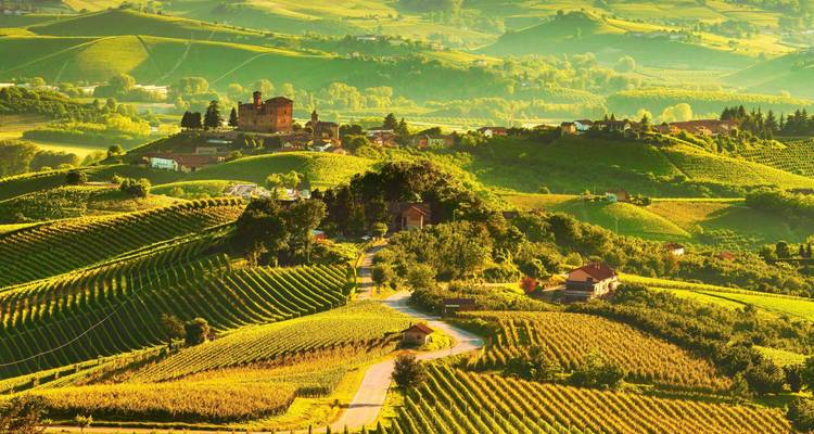 Rolling Tuscan vineyards illuminated by warm evening light with a hilltop farmhouse and cypresses.