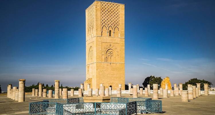 Hassan Tower and surrounding marble columns on a clear morning in Rabat