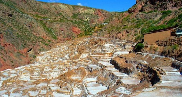 Panoramic view of the terraced white salt pans cascading down the red and green mountainsides at Maras.