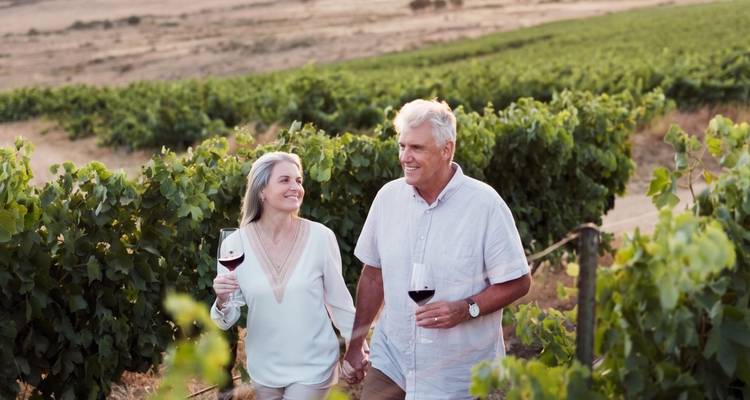 Smiling mature couple holding glasses of red wine while strolling through lush vineyard rows at dusk.