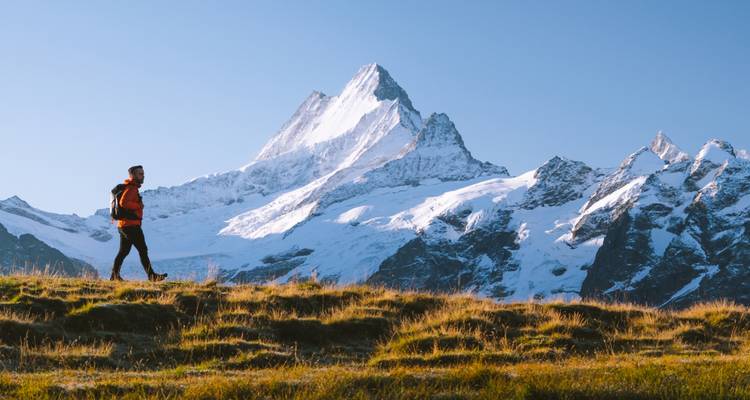 Trekker loopt langs griezig bergkammen met dramatische sneeuwtoppen op de achtergrond