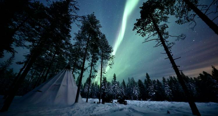 Nordlichter spannen sich über einem sternenklaren Winterhimmel über einem verschneiten Kiefernwald und einem Tipi.