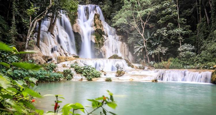 Las cascadas de varios niveles de la Cascada Kuang Si caen en una piscina color turquesa rodeada de exuberante selva.